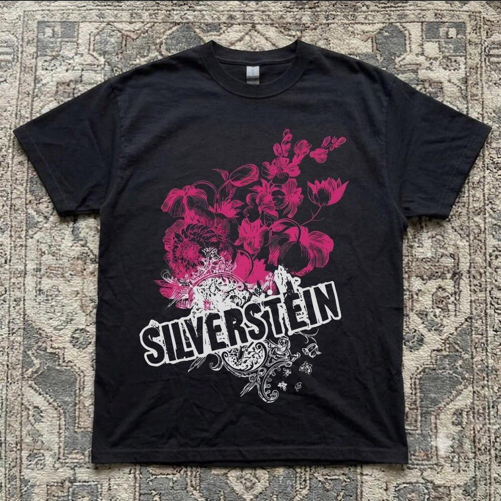 Silverstein Band Tee With Pink Floral Graphic And White Ornate Gildan Tshirt